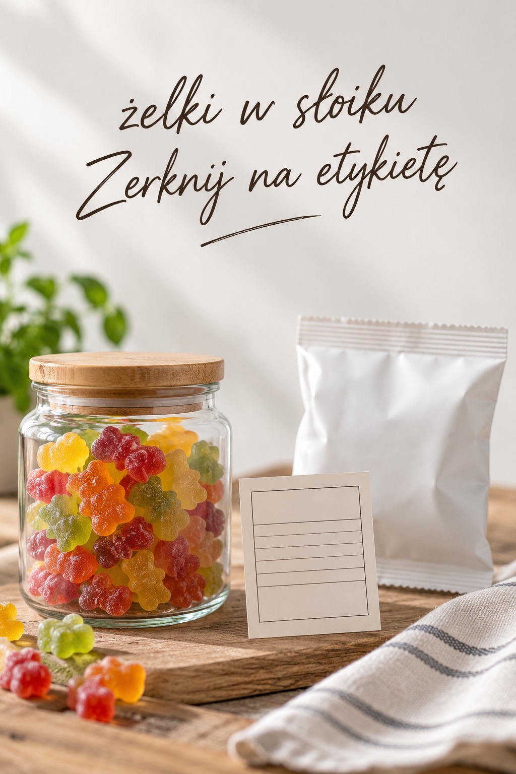 Żelki w słoiku obok opakowania i karty z etykietą