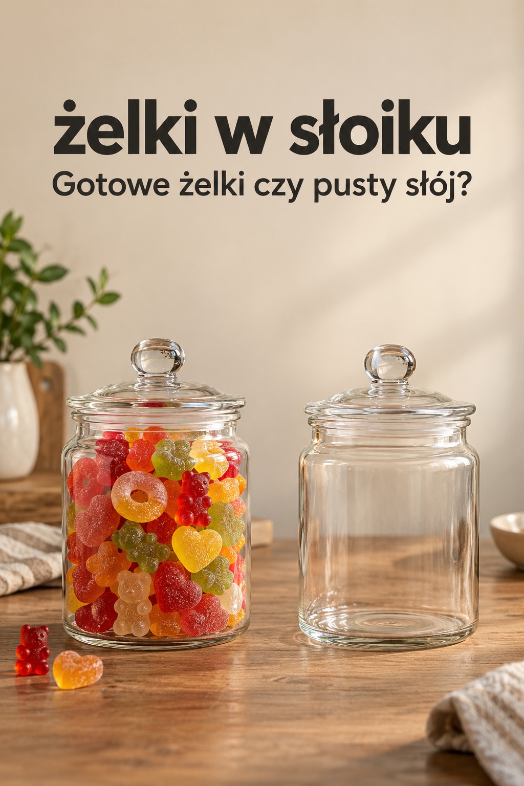 Żelki w słoiku oraz pusty pojemnik na słodycze