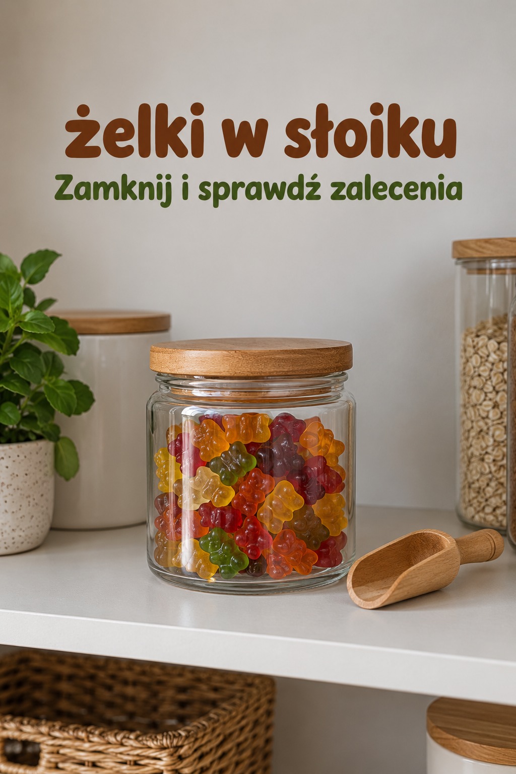 Żelki w słoiku na półce z kolorowymi słodyczami