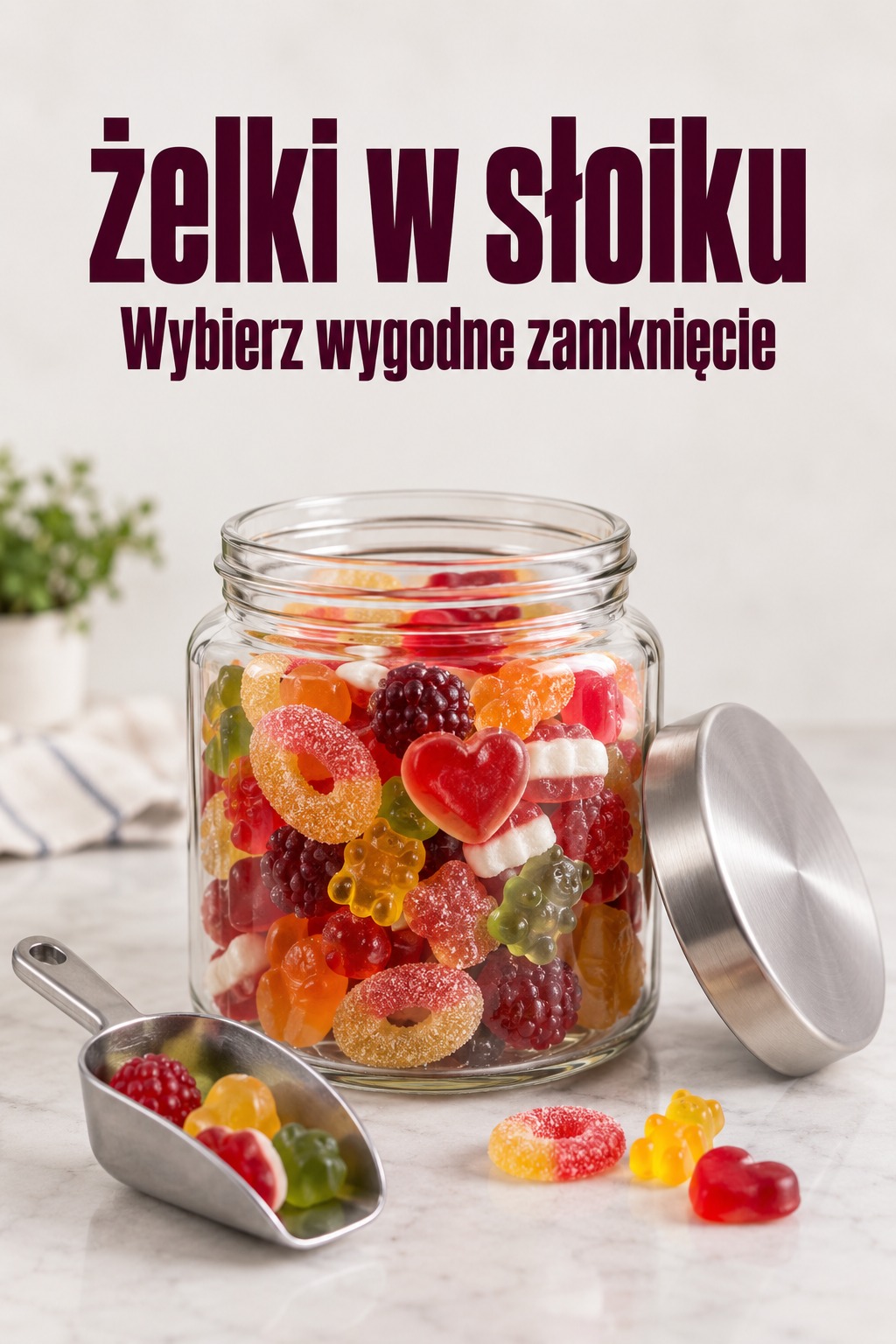 Żelki w słoiku z szerokim otworem i łyżką do nabierania