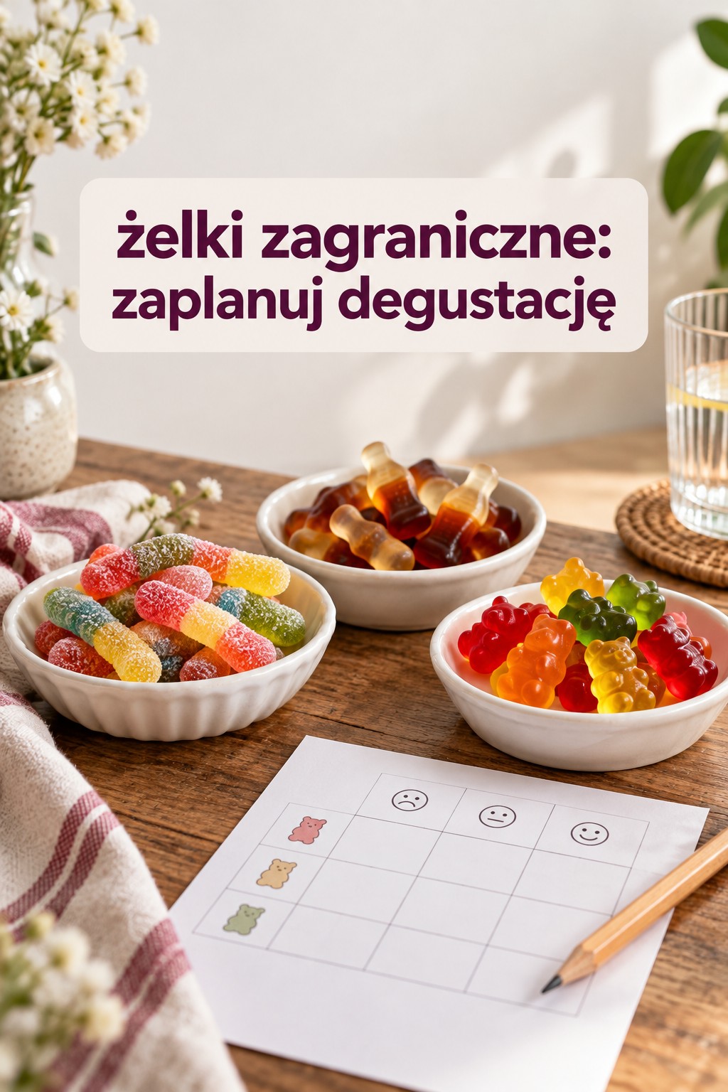 Plan degustacji żelków zagranicznych Żelki zagraniczne w małych miseczkach do domowej degustacji