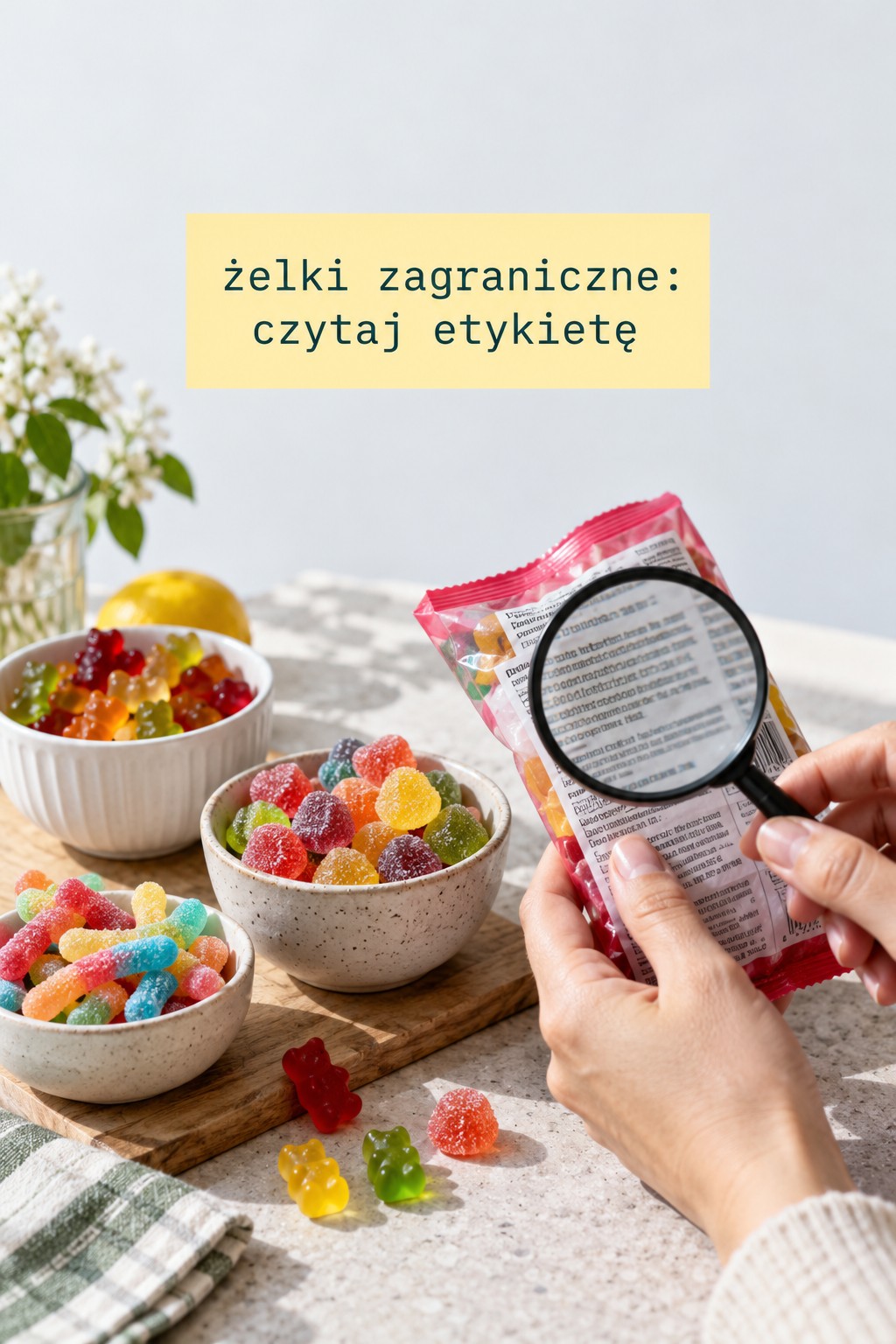 Czytaj etykiety żelków Żelki zagraniczne i etykieta sprawdzana lupą przed degustacją