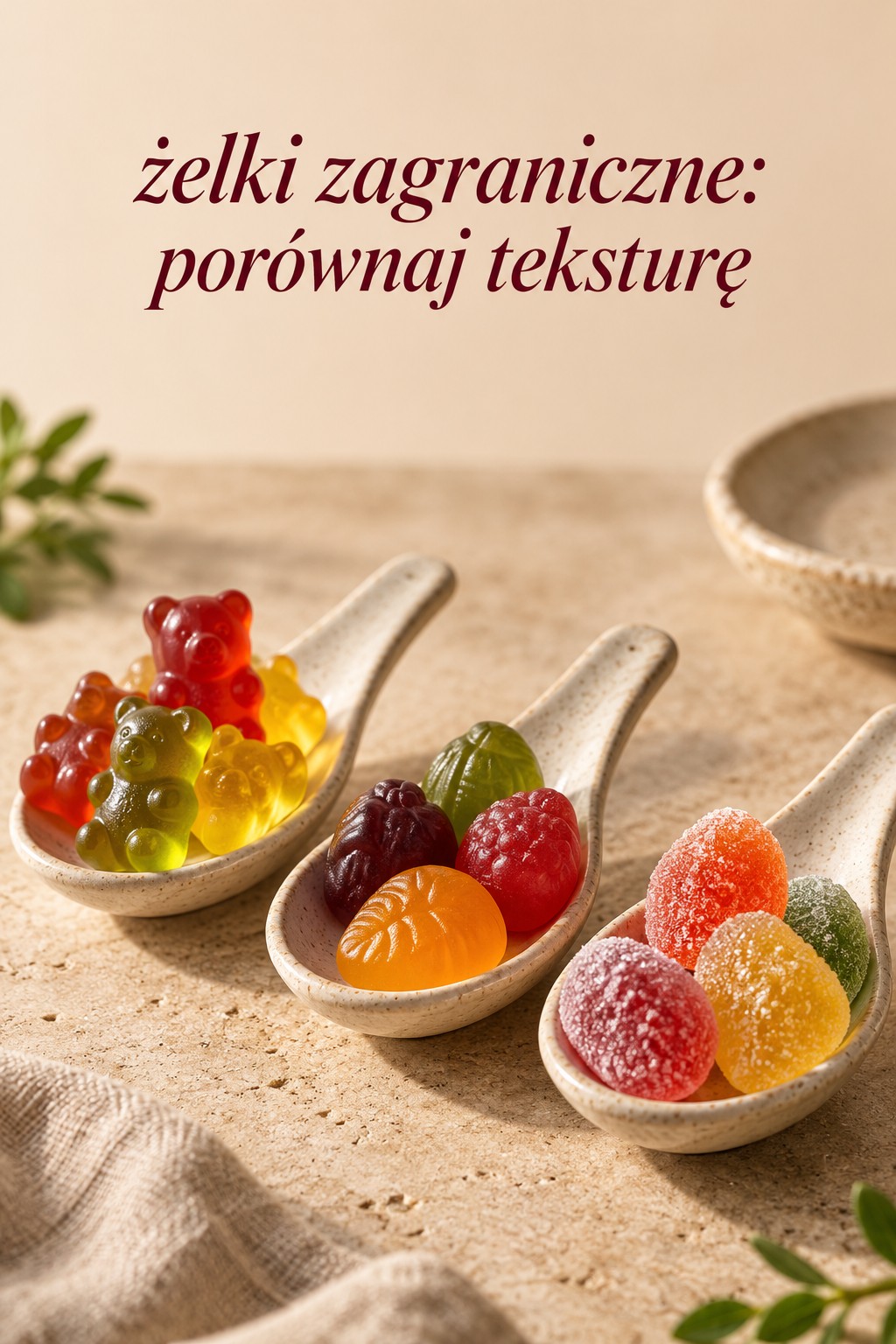 Porównanie tekstury żelków Żelki zagraniczne o różnych teksturach na ceramicznych łyżkach