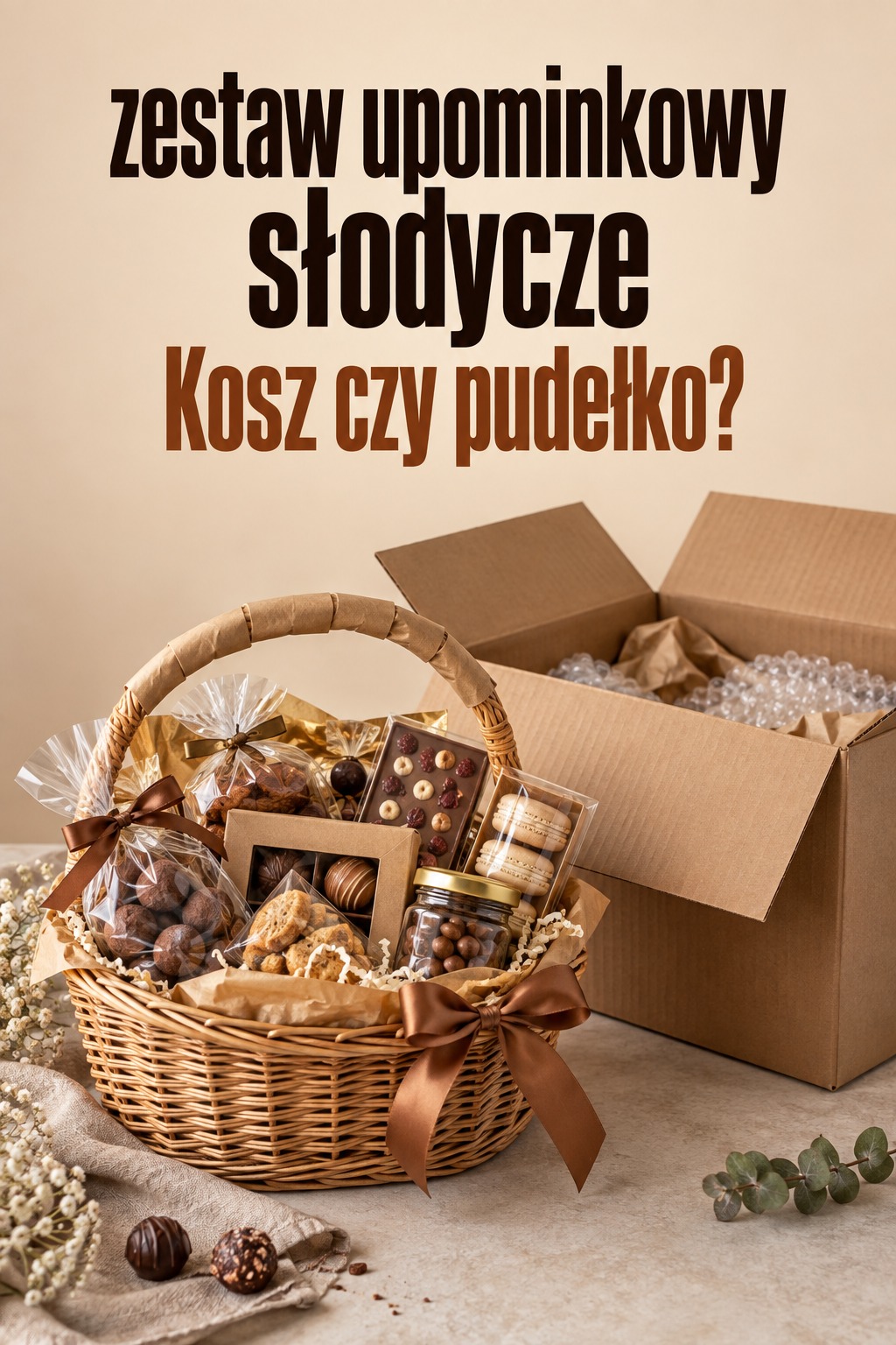 Zestaw upominkowy słodycze w koszu Zestaw upominkowy słodycze w wiklinowym koszu obok pudełka