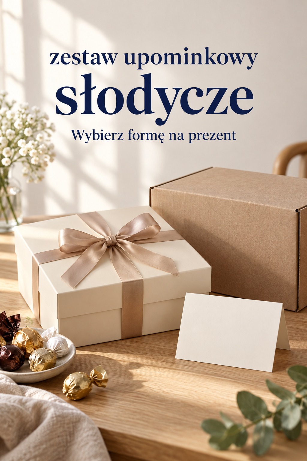 Zestaw upominkowy słodycze w pudełku Zestaw upominkowy słodycze w kremowym pudełku obok kartonu do wysyłki
