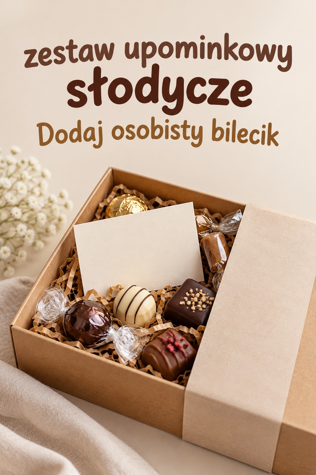 Zestaw upominkowy słodycze z bilecikiem Zestaw upominkowy słodycze z kartką i osobistą dedykacją