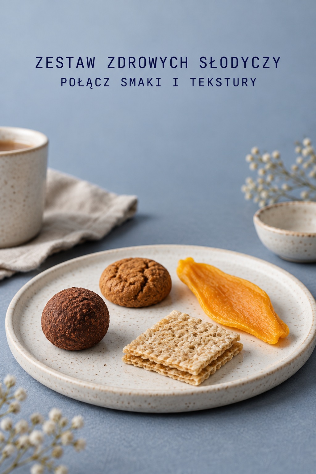 zestaw zdrowych słodyczy, trufla kakaowa, wafelek, ciasteczko i suszone mango