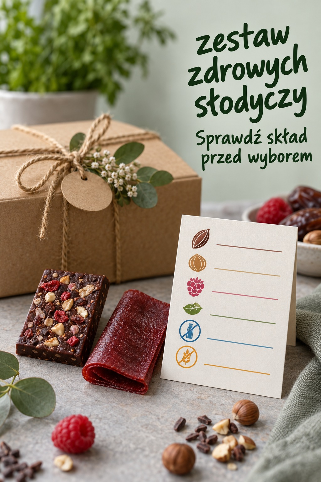 zestaw zdrowych słodyczy, przekąski obok czytelnej karty z symbolami alergenów