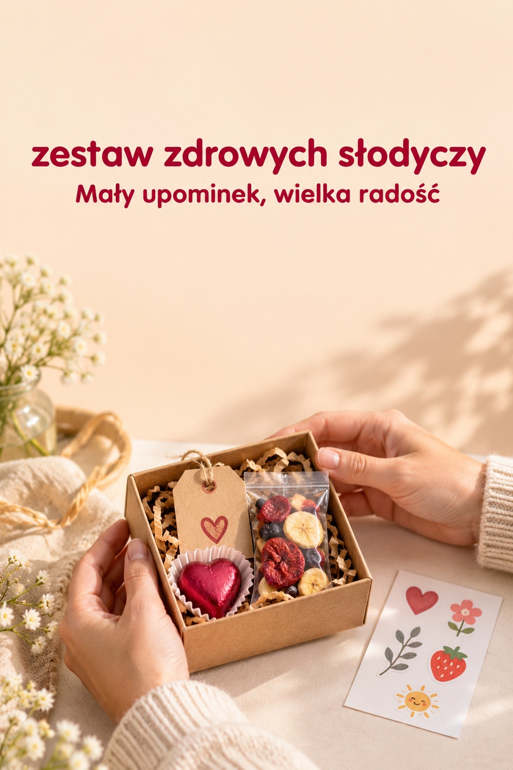 zestaw zdrowych słodyczy w pudełku z małą owocową przekąską i kartką