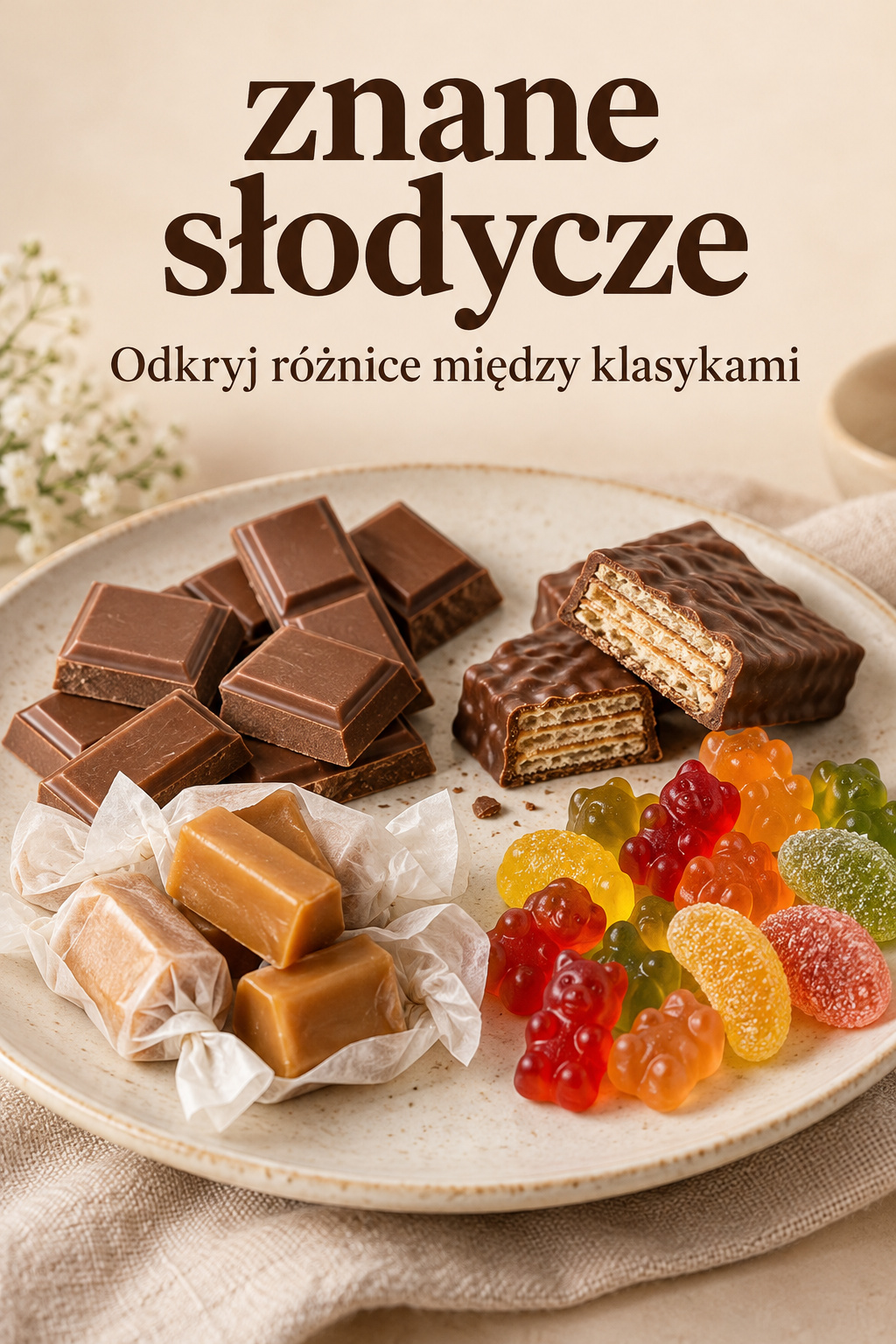 Znane słodycze: czekolada, wafle, krówki i żelki Znane słodycze na talerzu: czekolada, wafle w polewie, krówki i żelki