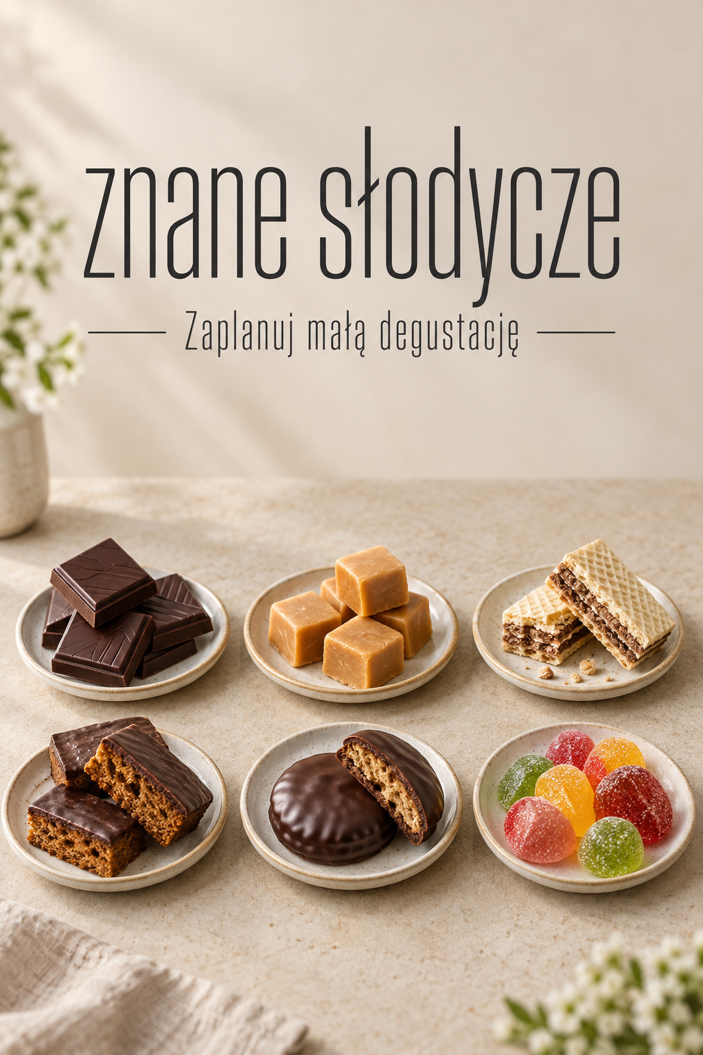Znane słodycze: talerzyki do porównania Znane słodycze: sześć talerzyków z czekoladą, krówkami, waflami, piernikiem, ciastkiem i żelkami