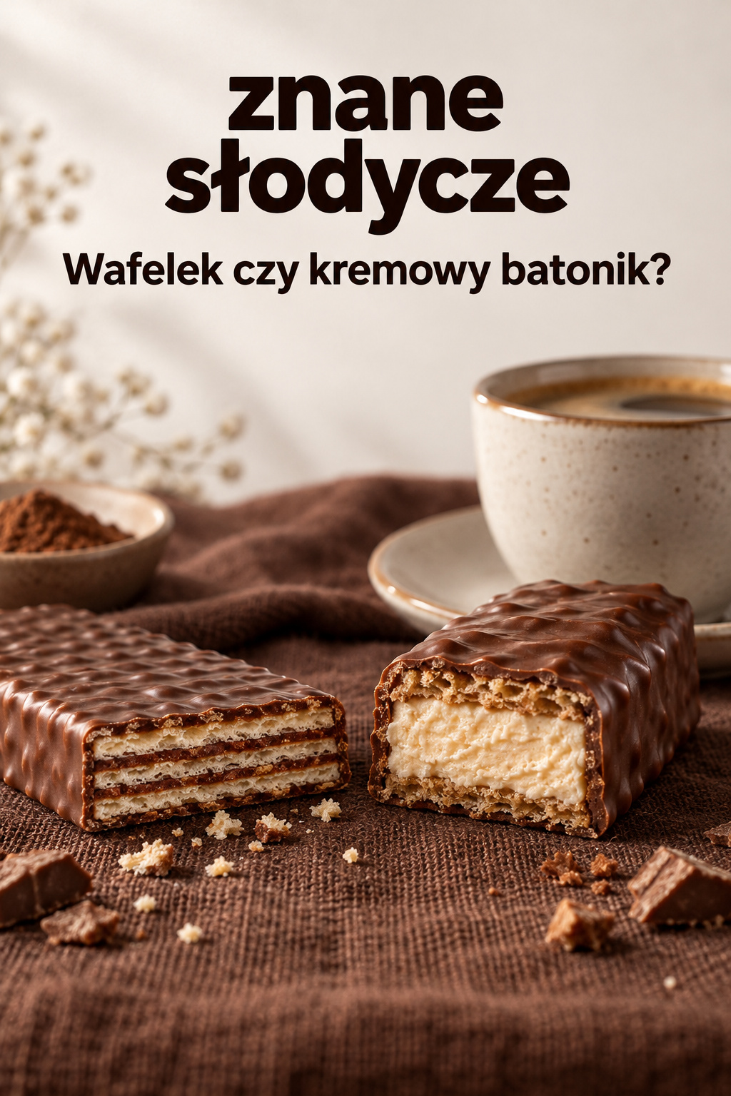 Znane słodycze: przekrój dwóch wafelków Znane słodycze: dwa przekrojone wafelki w czekoladzie przy filiżance kawy