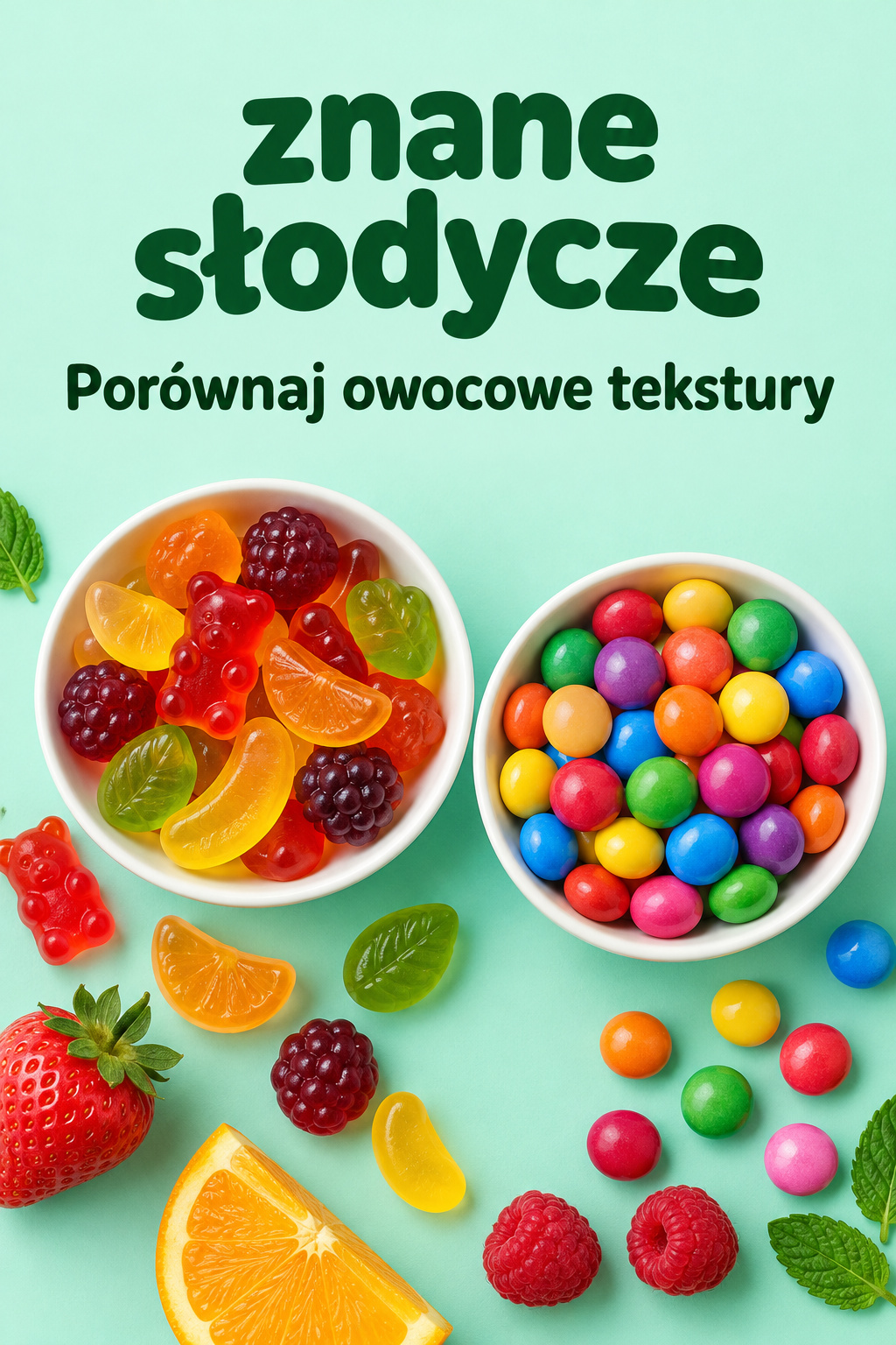 Znane słodycze: żelki i kolorowe drażetki Znane słodycze: owocowe żelki i kolorowe drażetki w białych miseczkach